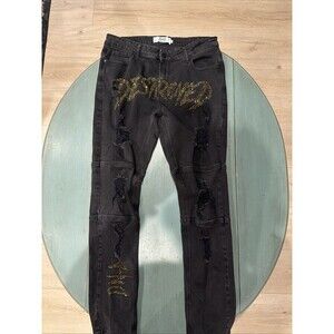 DNA Premium Wear Black Distressed Rhinestone Jeans Size 36 Streetwear Y2K Denim